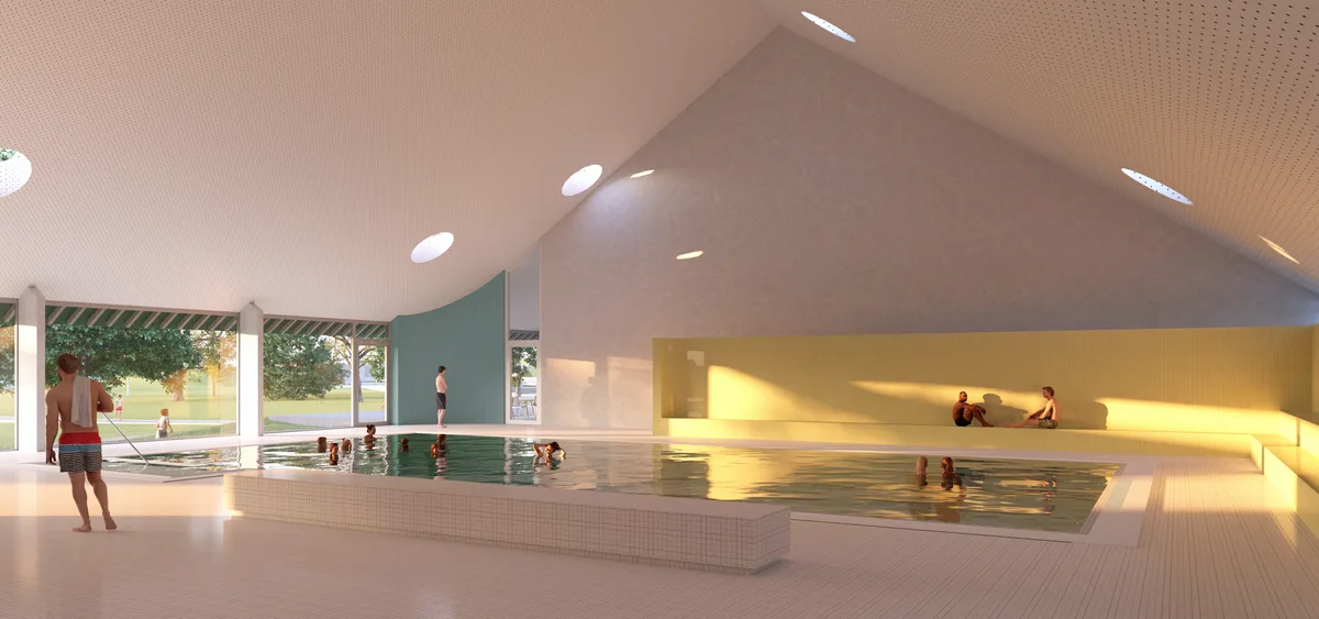 So soll das Hallenbad dereinst aussehen. Visualisierung und Grundrisse Hallenbad Projekt Dübendorf